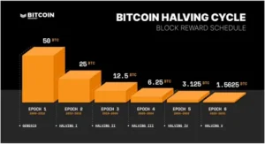 Bitcoin halving cycle chart showing block reward reductions from 2009 to 2032