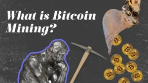 What is Bitcoin mining illustration with statue, pickaxe, and bitcoins